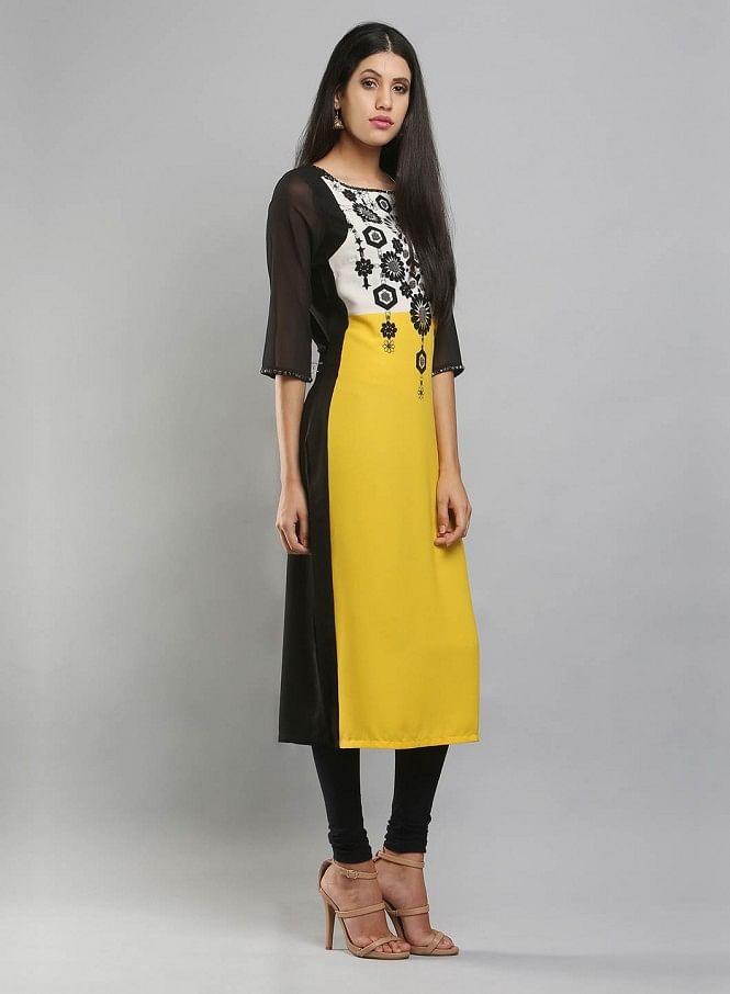 Yellow & Black Colorblocked Printed kurta - wforwoman