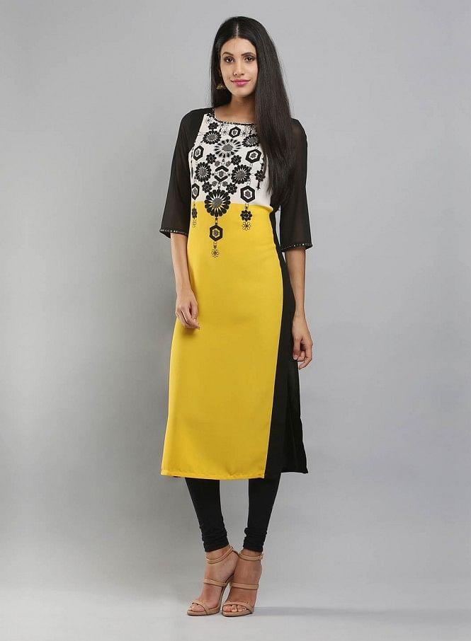 Yellow & Black Colorblocked Printed kurta - wforwoman