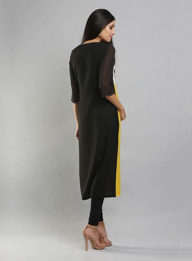 Yellow & Black Colorblocked Printed kurta - wforwoman