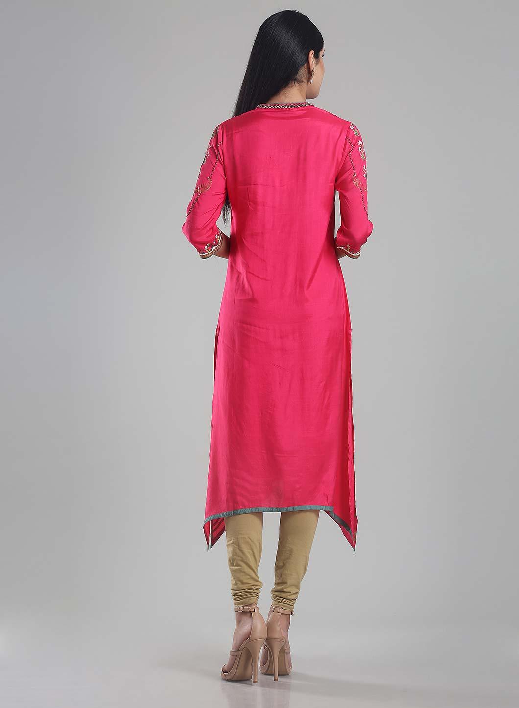 Coral Red Mandarin Neck Printed kurta - wforwoman