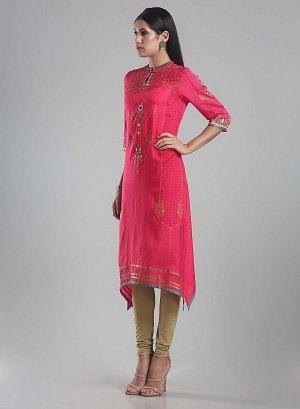 Coral Red Mandarin Neck Printed kurta - wforwoman