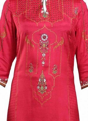 Coral Red Mandarin Neck Printed kurta - wforwoman