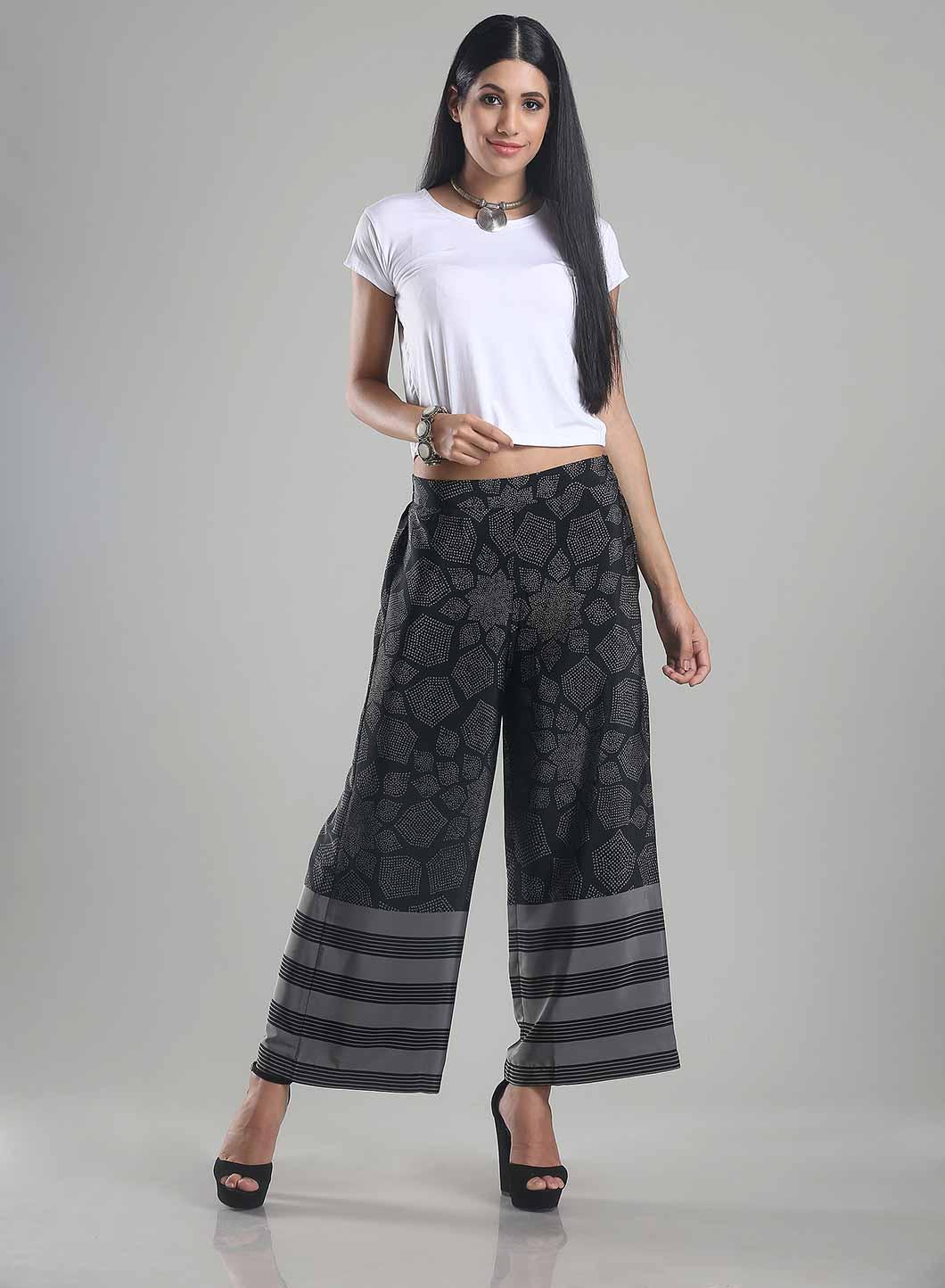 Black & Grey Printed Palazzos - wforwoman