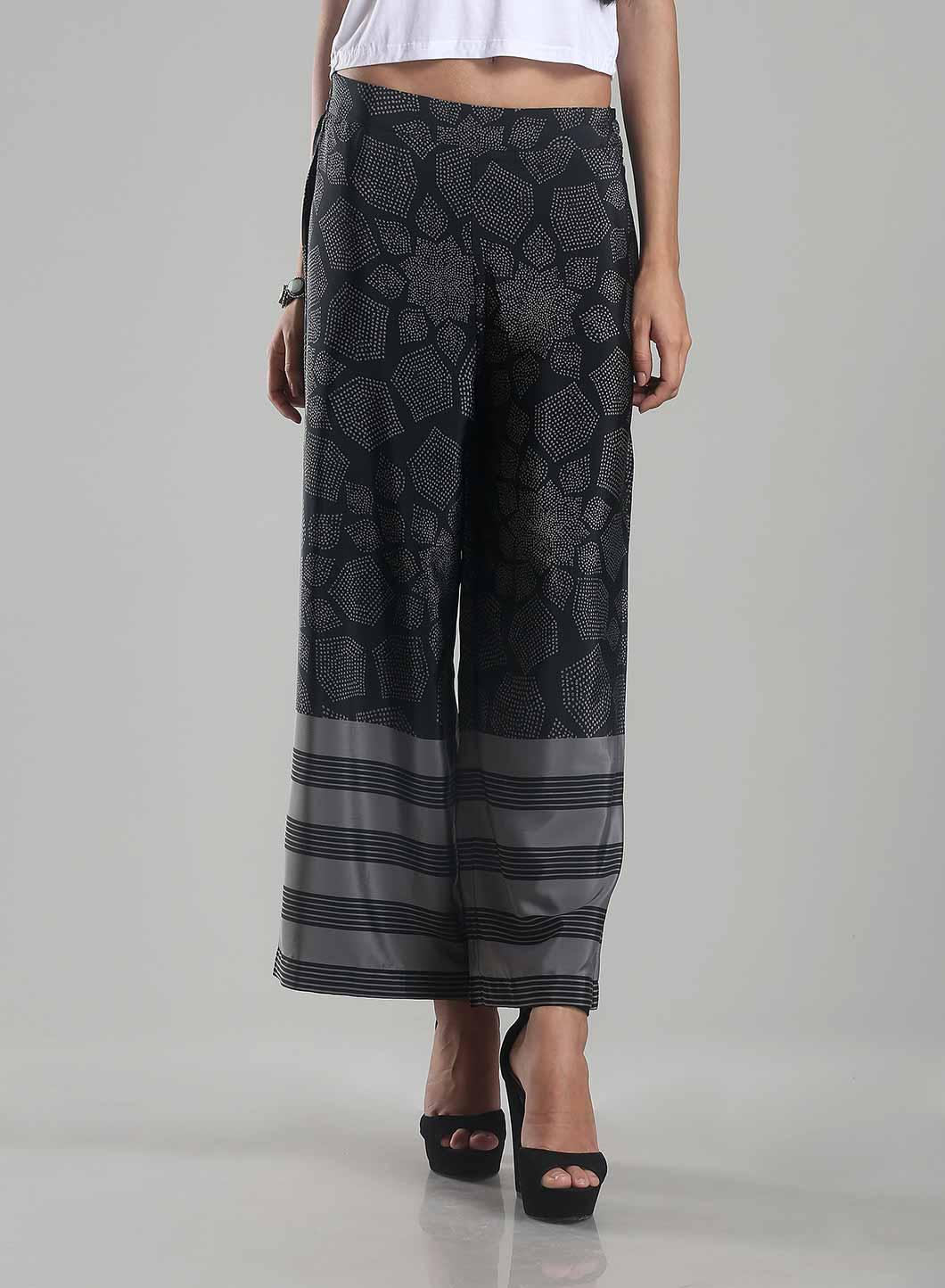 Black & Grey Printed Palazzos - wforwoman