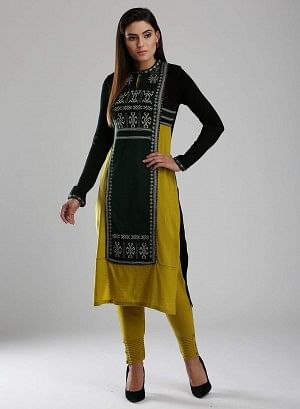 Black & Green Woollen Mandarin Neck kurta
