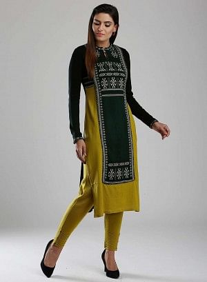 Black & Green Woollen Mandarin Neck kurta