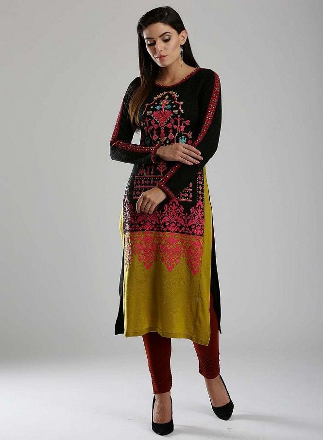 Black & Pink Woollen Round Neck kurta - wforwoman