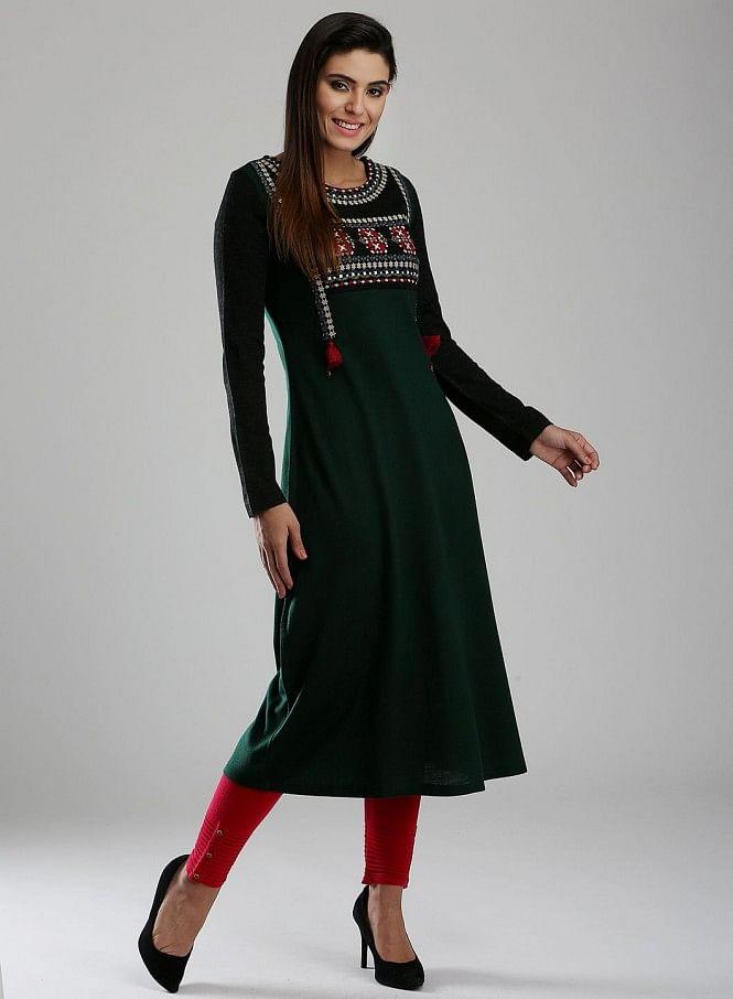 Green & Black Woollen Round Neck kurta - wforwoman
