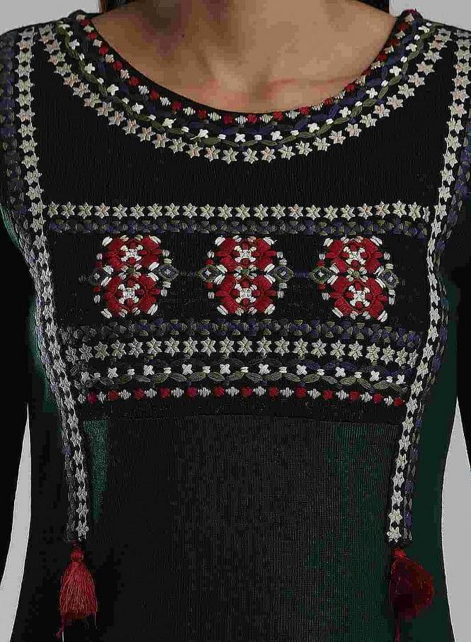 Green & Black Woollen Round Neck kurta - wforwoman