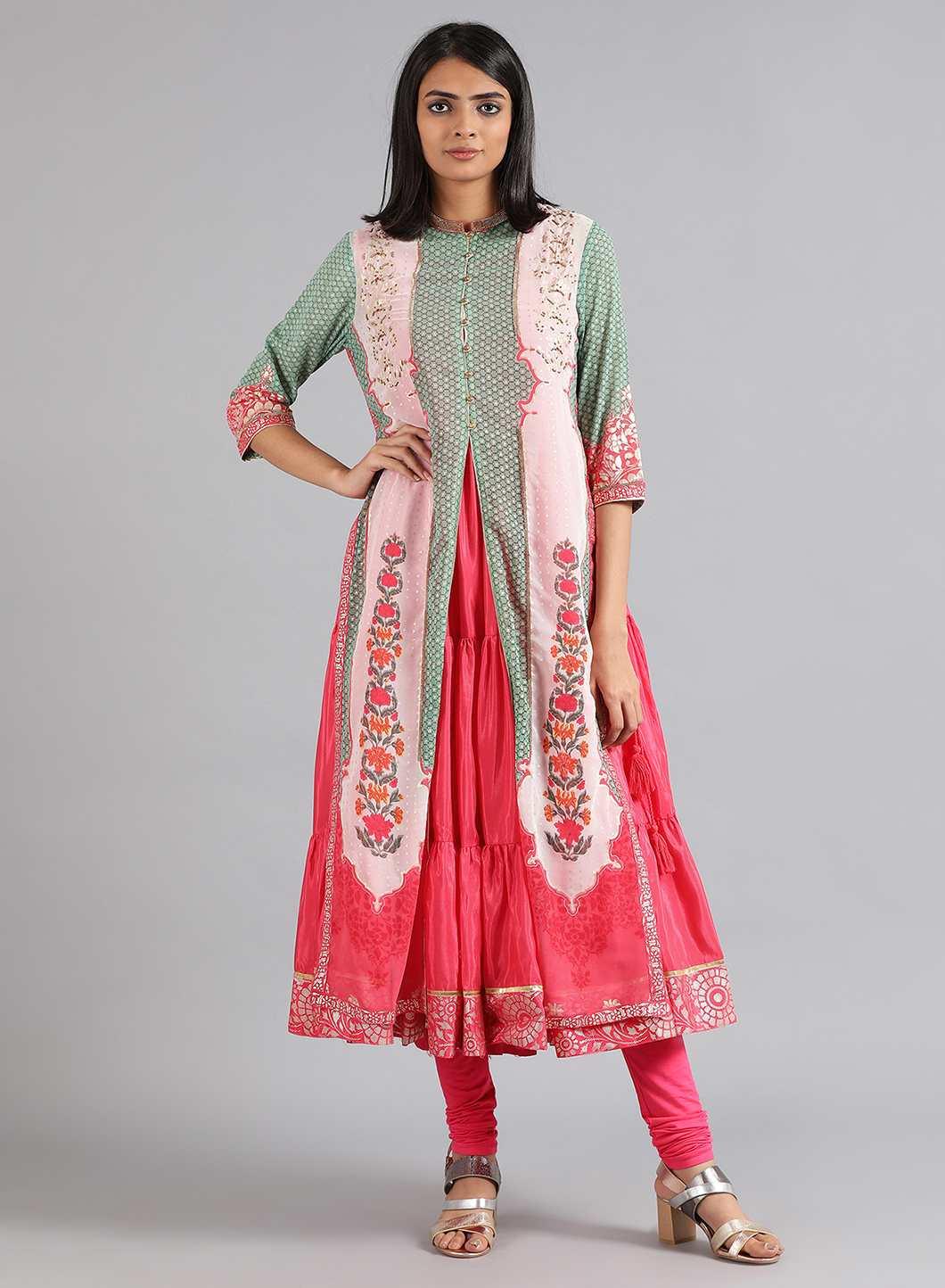Green & Pink Round Neck Printed kurta - wforwoman