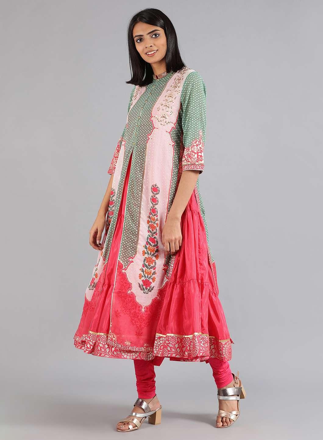 Green & Pink Round Neck Printed kurta - wforwoman