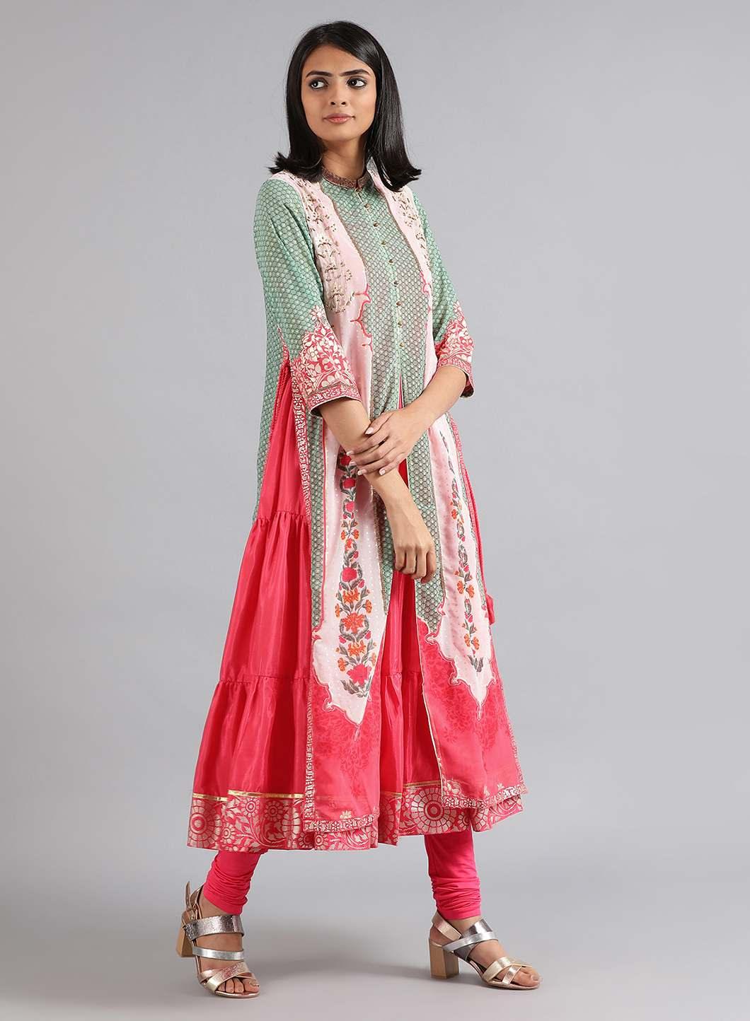 Green & Pink Round Neck Printed kurta - wforwoman