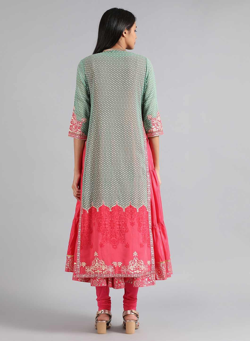 Green & Pink Round Neck Printed kurta - wforwoman