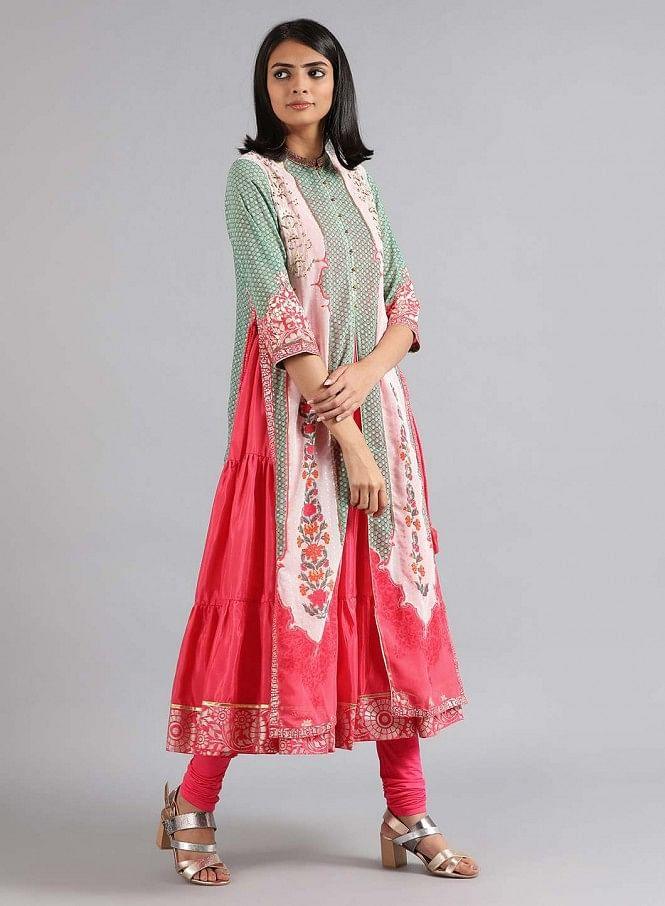 Green & Pink Round Neck Printed kurta - wforwoman