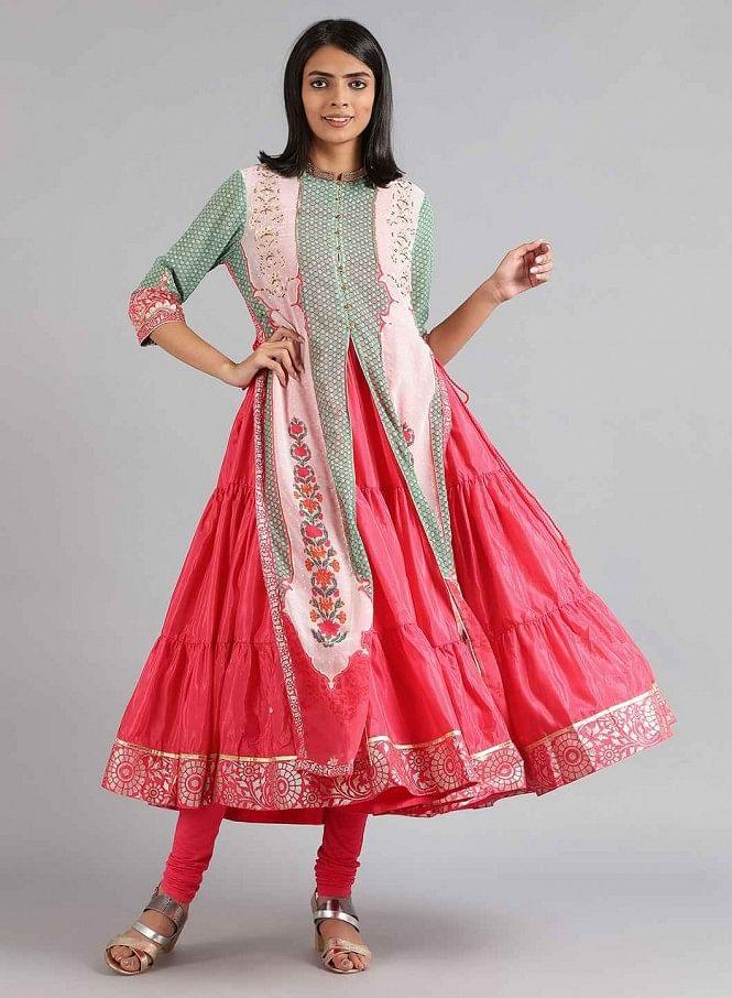 Green & Pink Round Neck Printed kurta - wforwoman