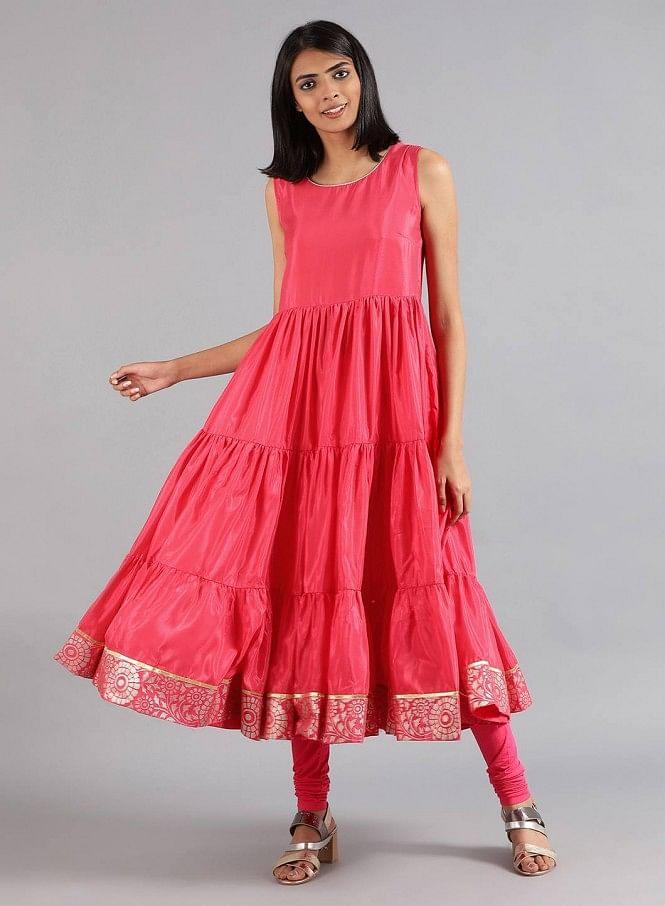 Green & Pink Round Neck Printed kurta - wforwoman