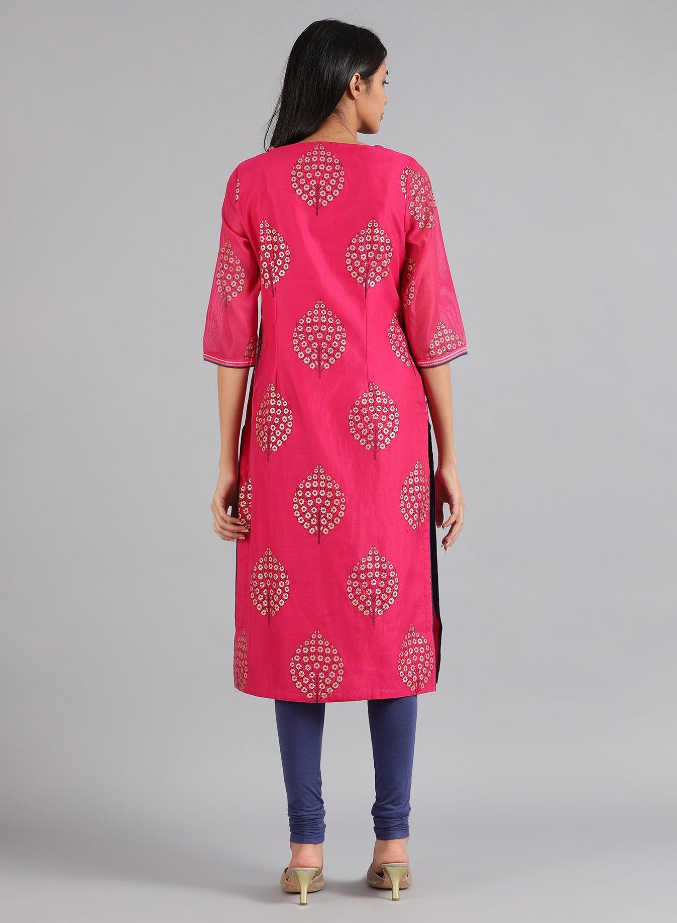Pink Round Neck Printed kurta - wforwoman