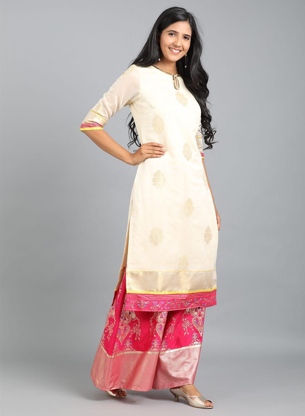 Off-White Round Neck Yarn-Dyed kurta - wforwoman