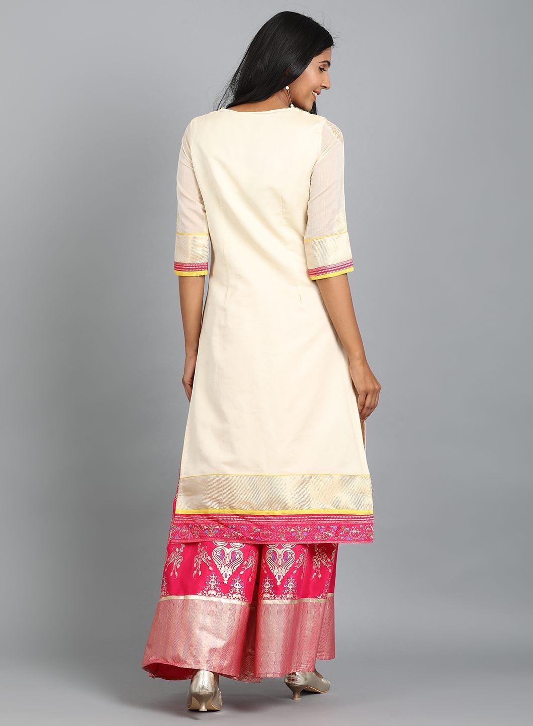 Off-White Round Neck Yarn-Dyed kurta - wforwoman
