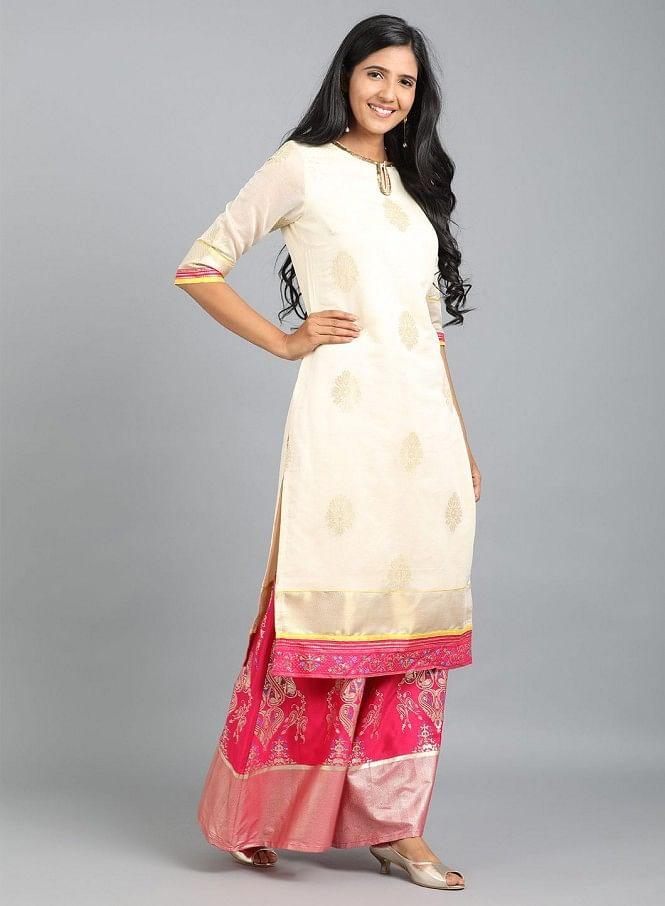 Off-White Round Neck Yarn-Dyed kurta - wforwoman