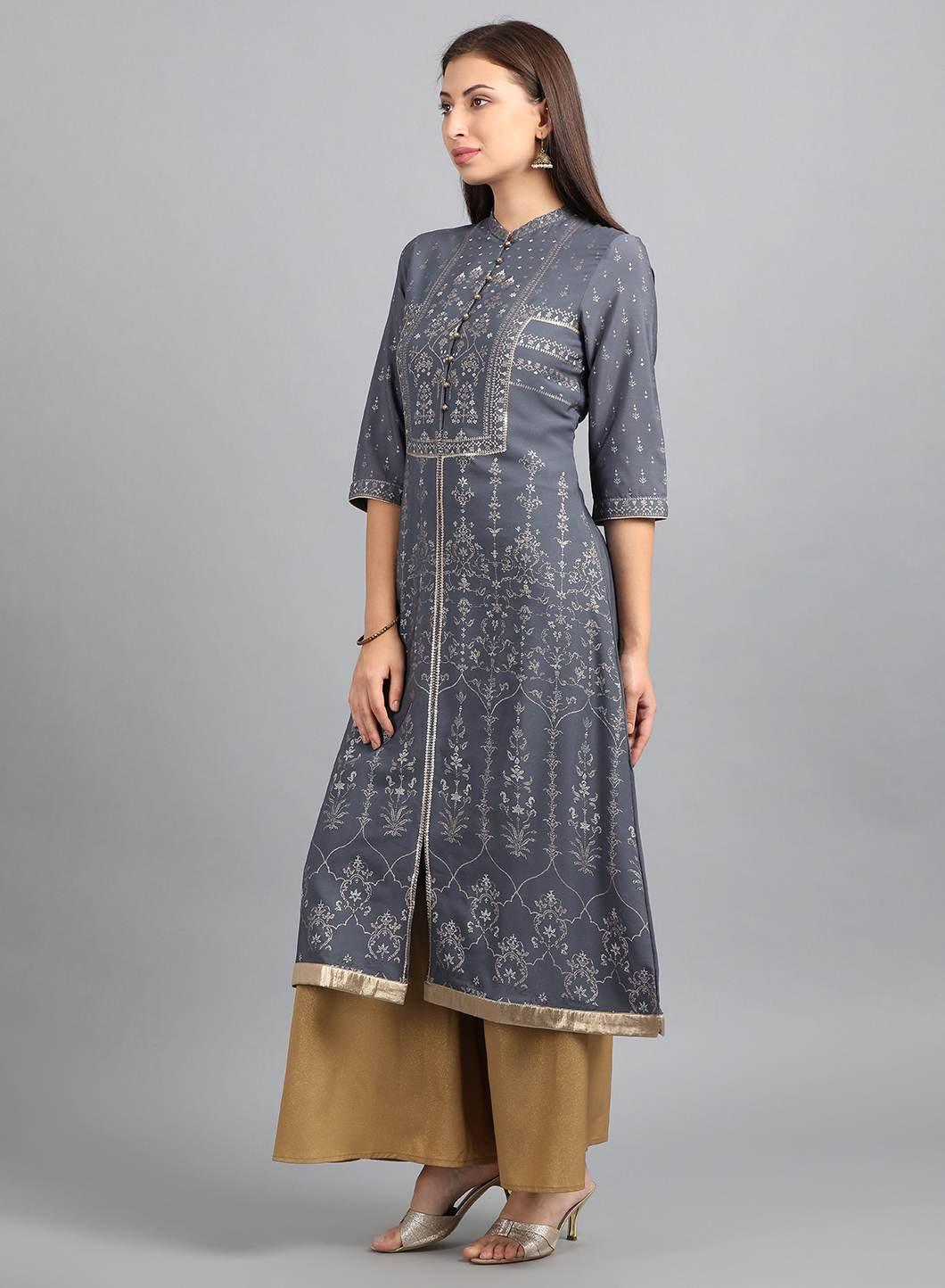 Grey Mandarin Neck Printed kurta - wforwoman
