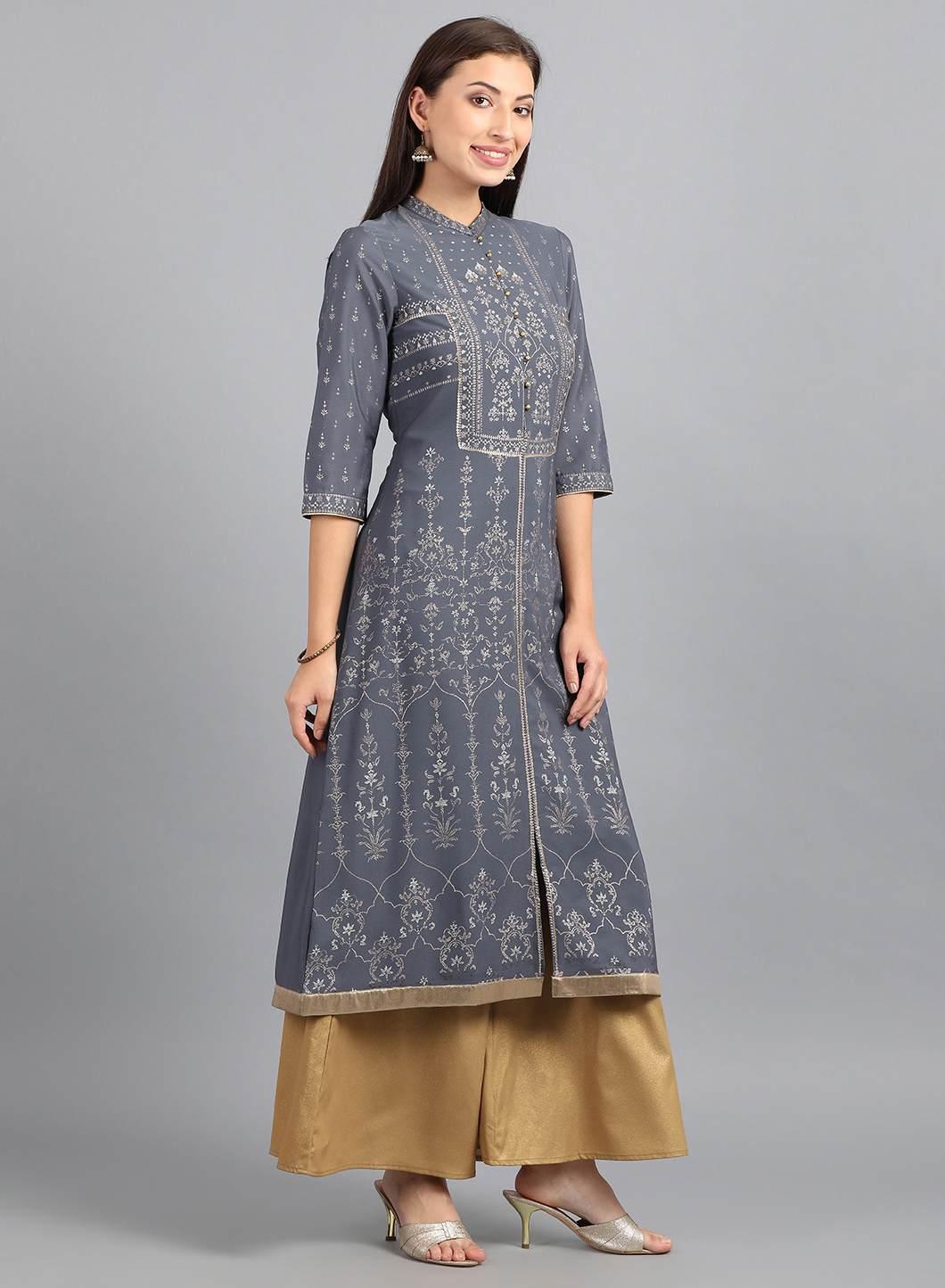 Grey Mandarin Neck Printed kurta - wforwoman