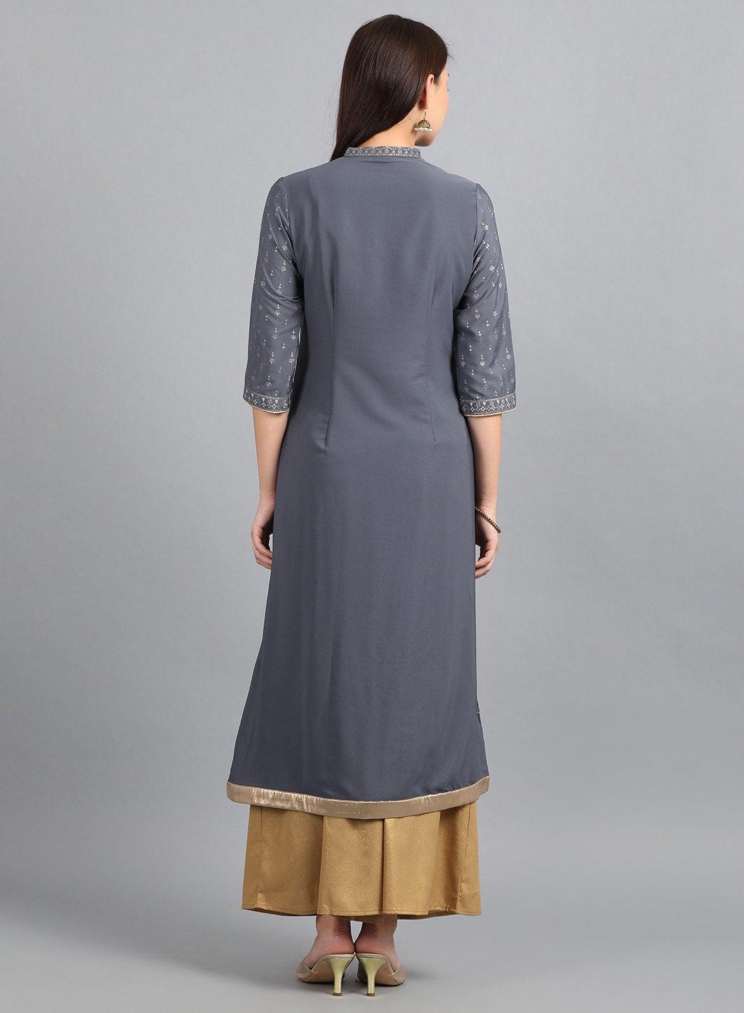 Grey Mandarin Neck Printed kurta - wforwoman