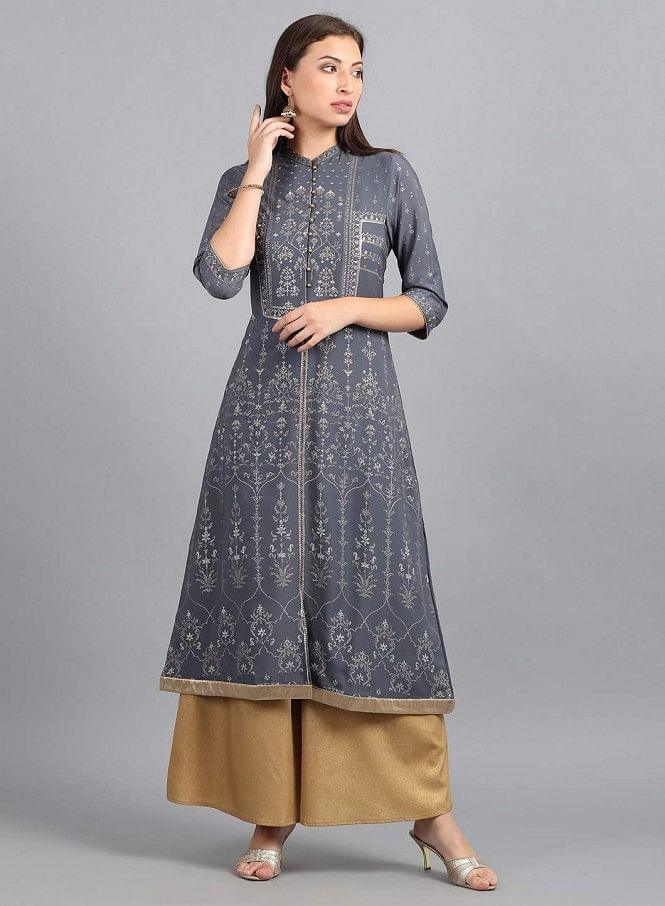Grey Mandarin Neck Printed kurta - wforwoman