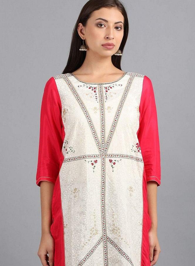 Ecru Round Neck Printed kurta - wforwoman