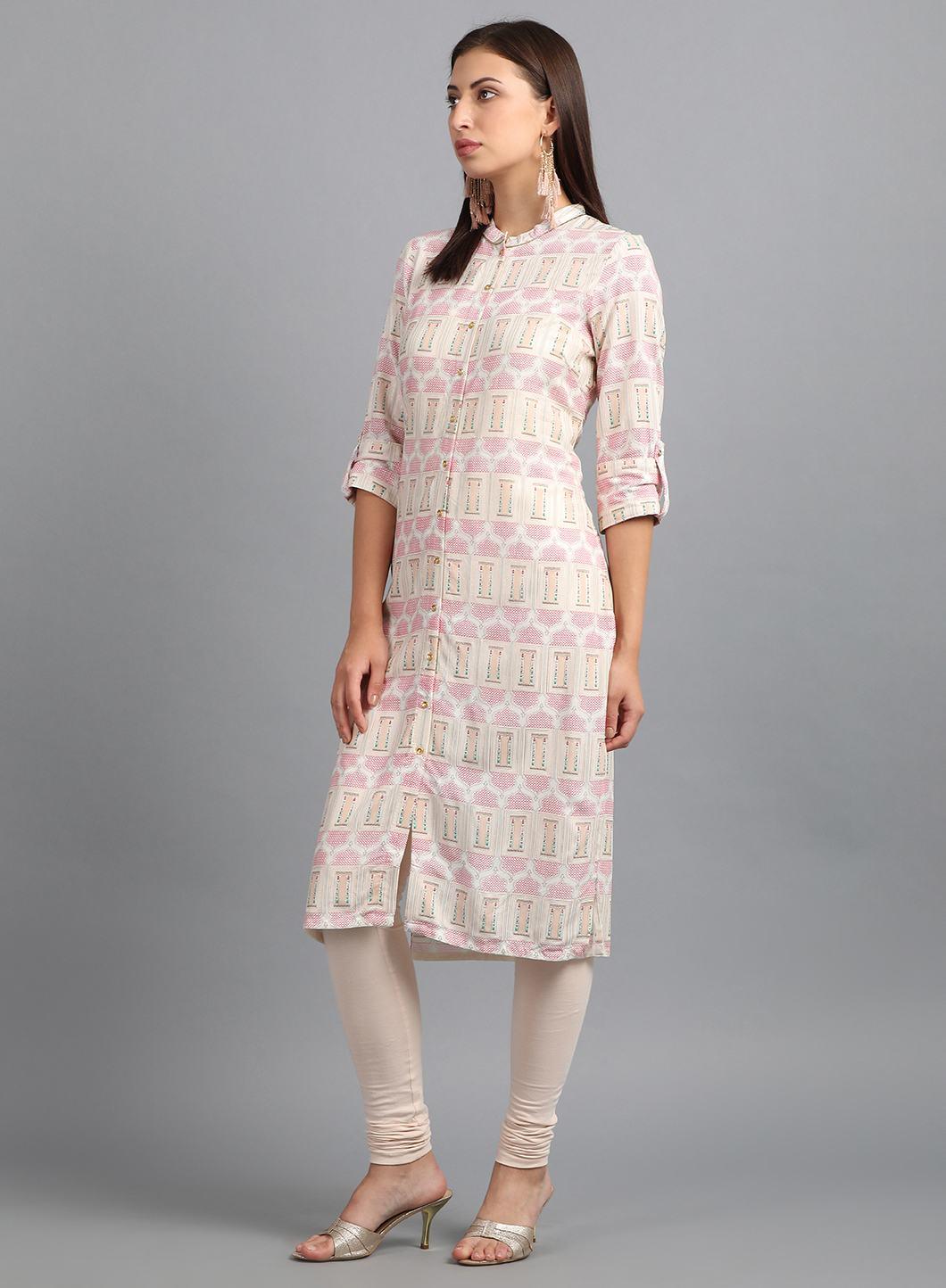 White Mandarin Neck Printed kurta - wforwoman