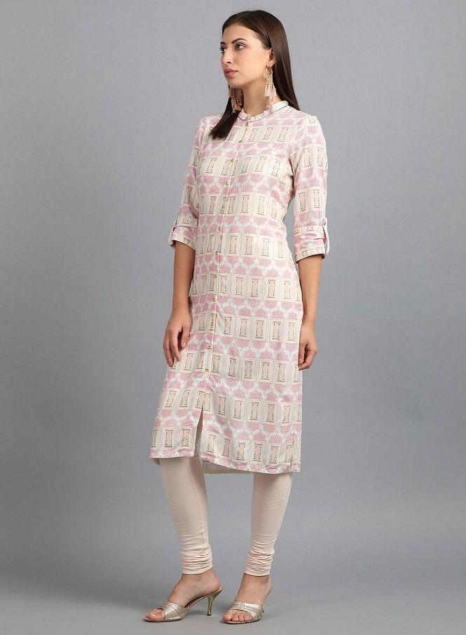 White Mandarin Neck Printed kurta - wforwoman
