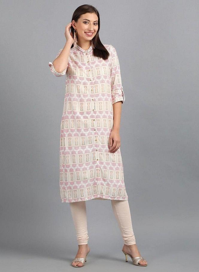 White Mandarin Neck Printed kurta - wforwoman