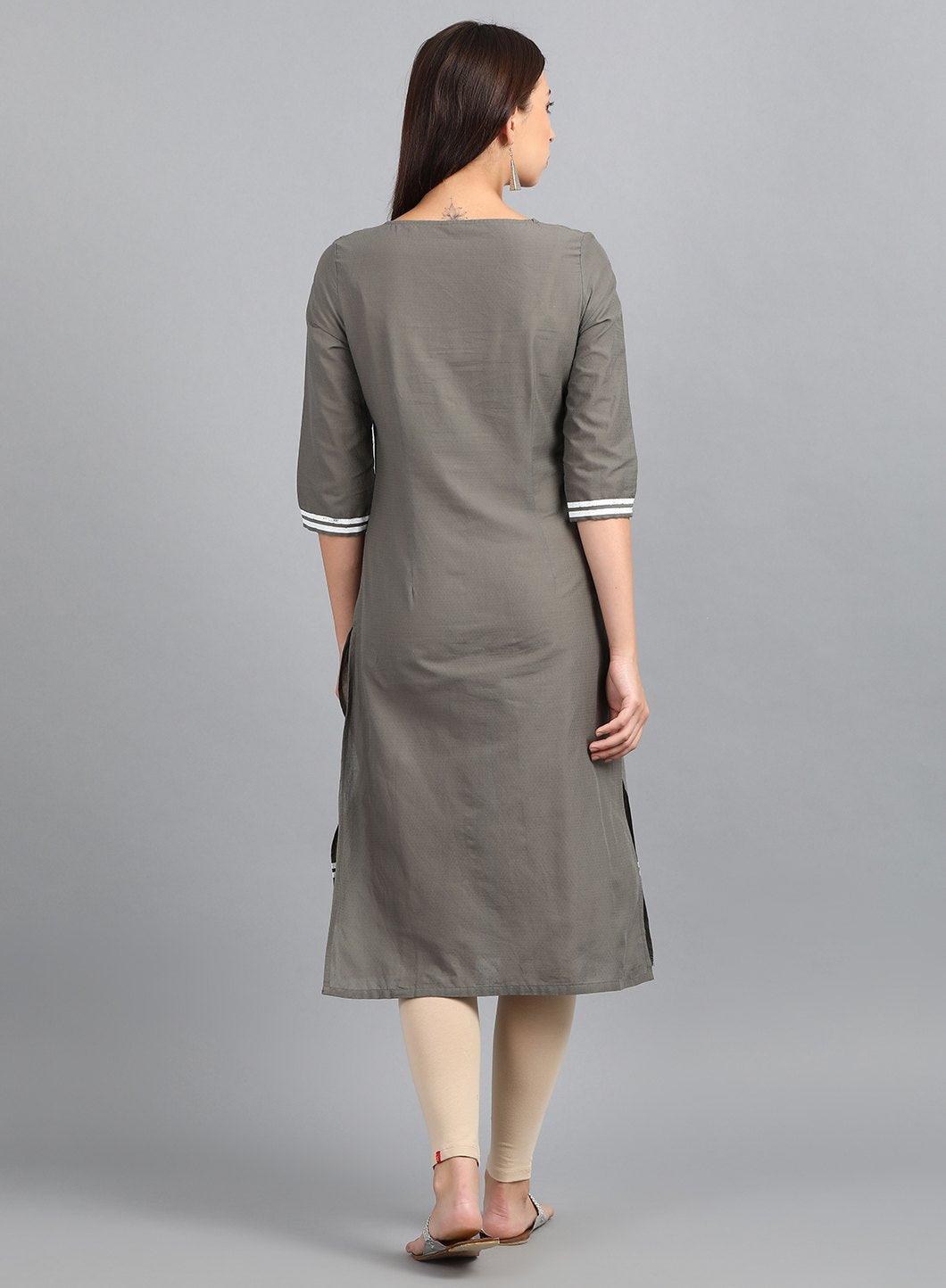 Grey Round Neck Printed kurta - wforwoman