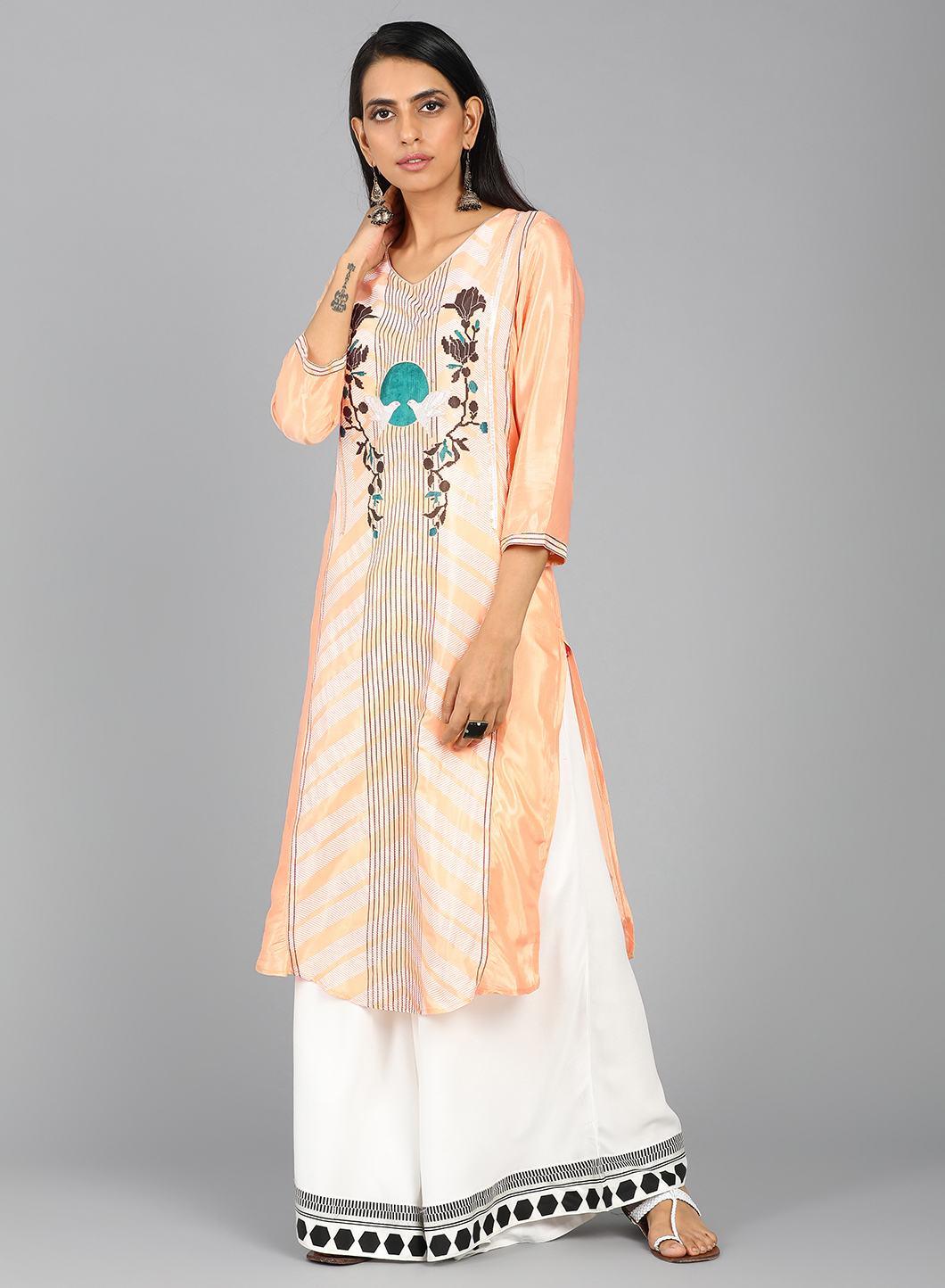 Orange V Neck Printed kurta - wforwoman