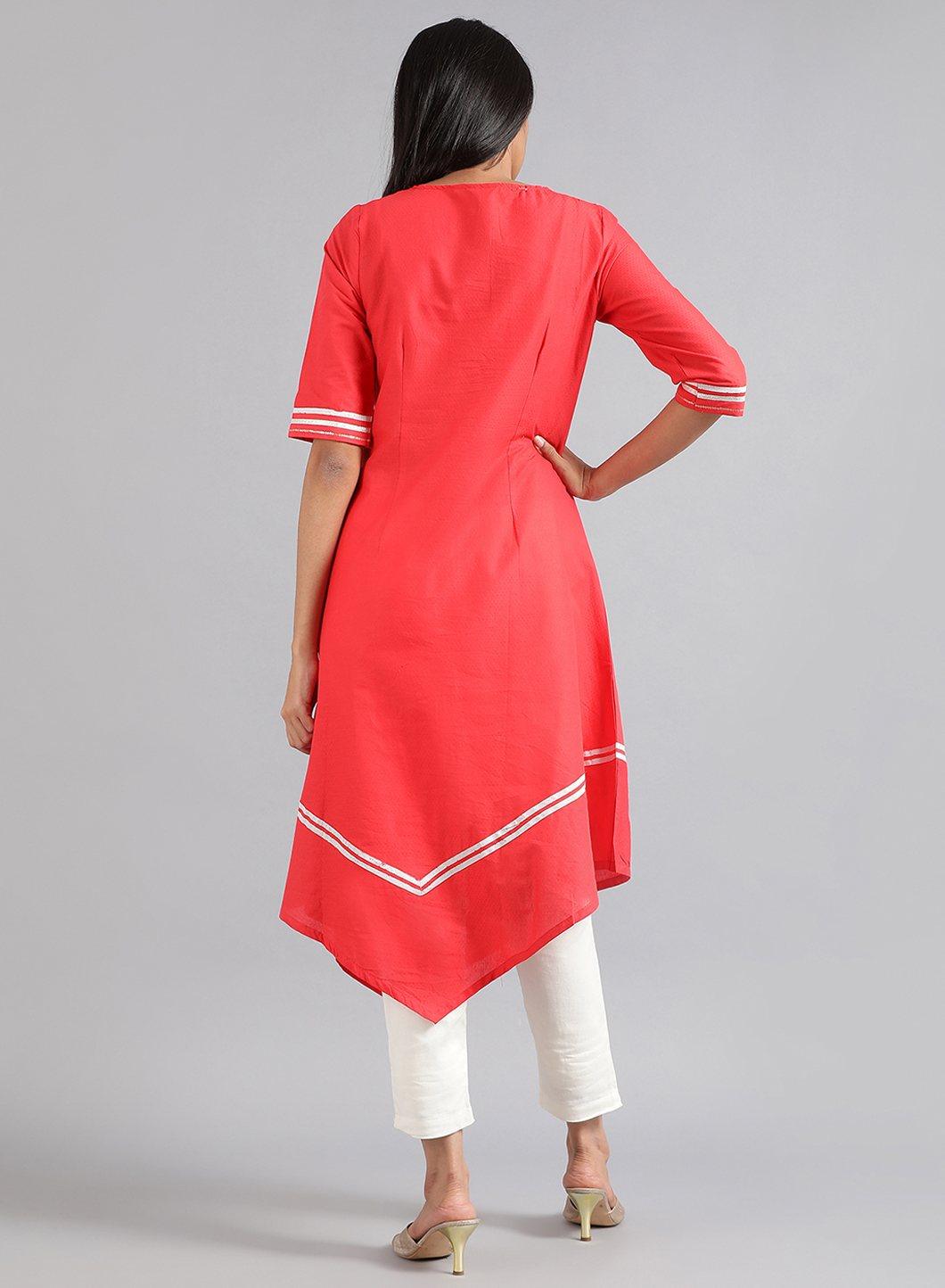 Red Round Neck Floral Print kurta - wforwoman