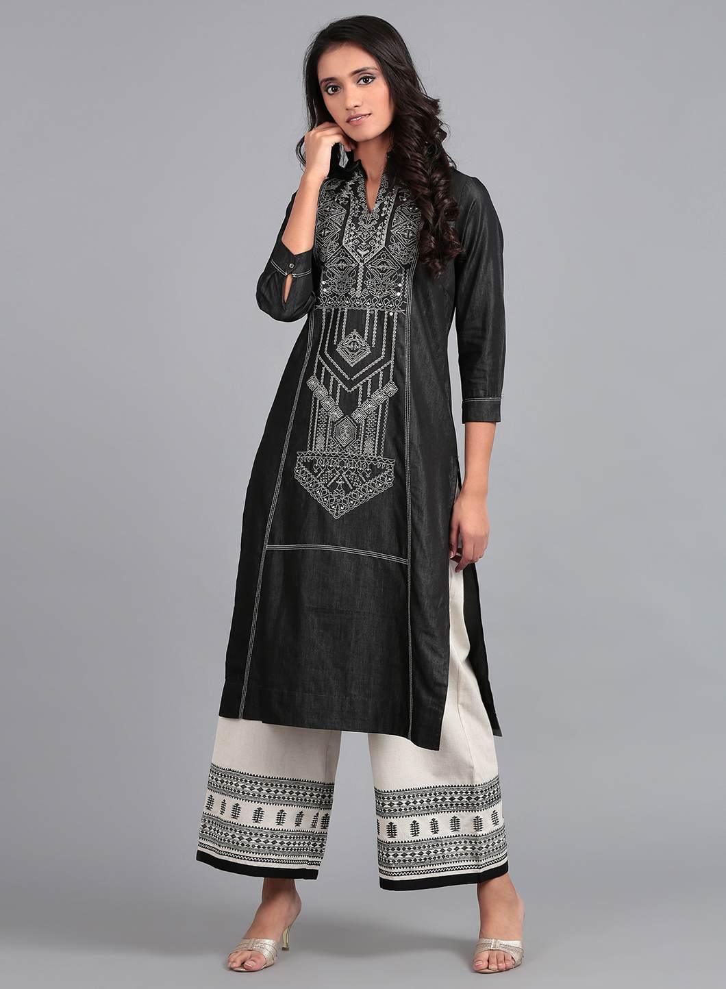 Blue Mandarin Neck Denim kurta - wforwoman
