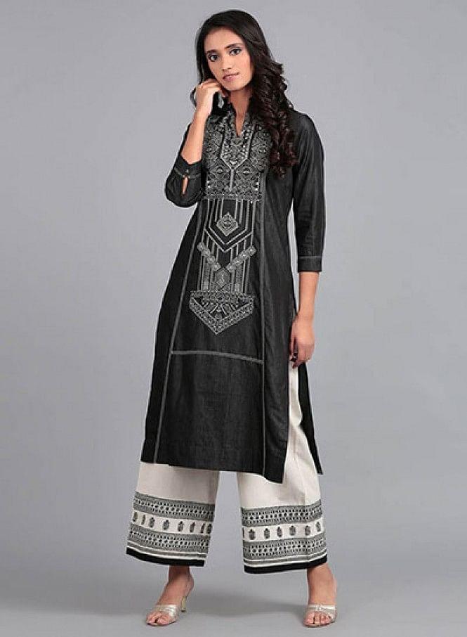 Blue Mandarin Neck Denim kurta - wforwoman
