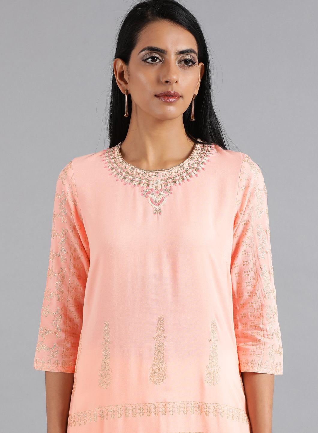 Peach Round Neck Glitter Print kurta - wforwoman