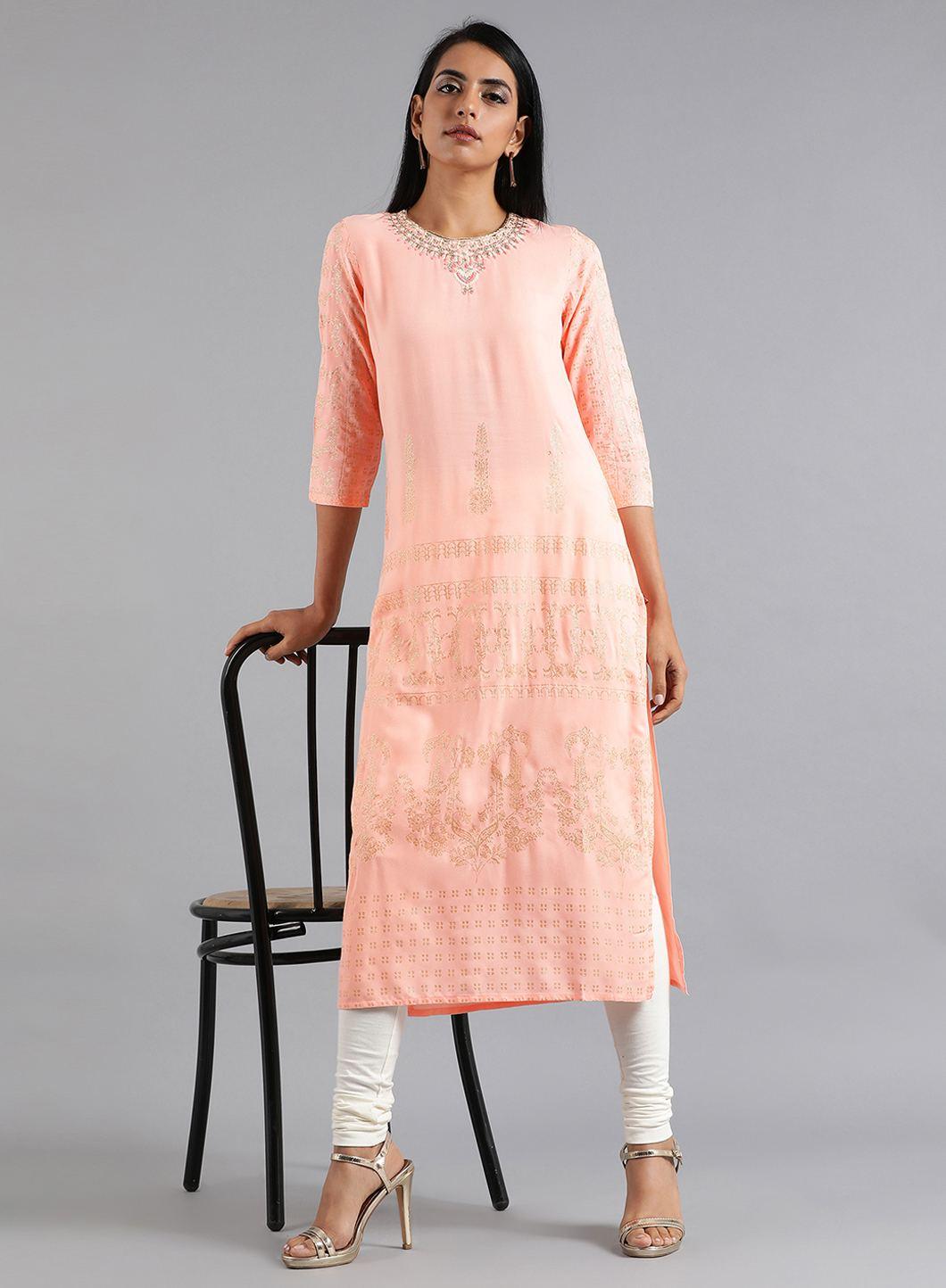Peach Round Neck Glitter Print kurta - wforwoman