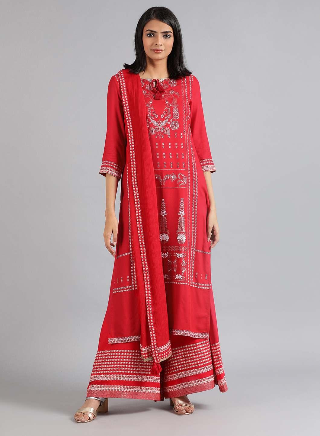 Red Round Neck Glitter Print kurta - wforwoman