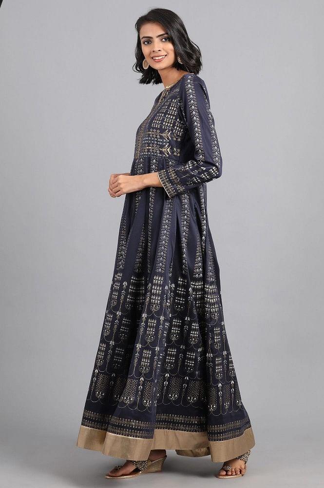 Blue & Gold Khadi Print Gown - wforwoman