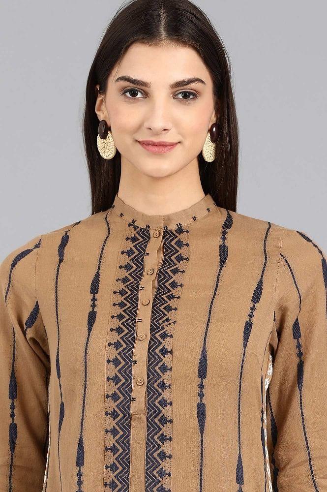 Brown Mandarin Neck Yarn-dyed kurta - wforwoman