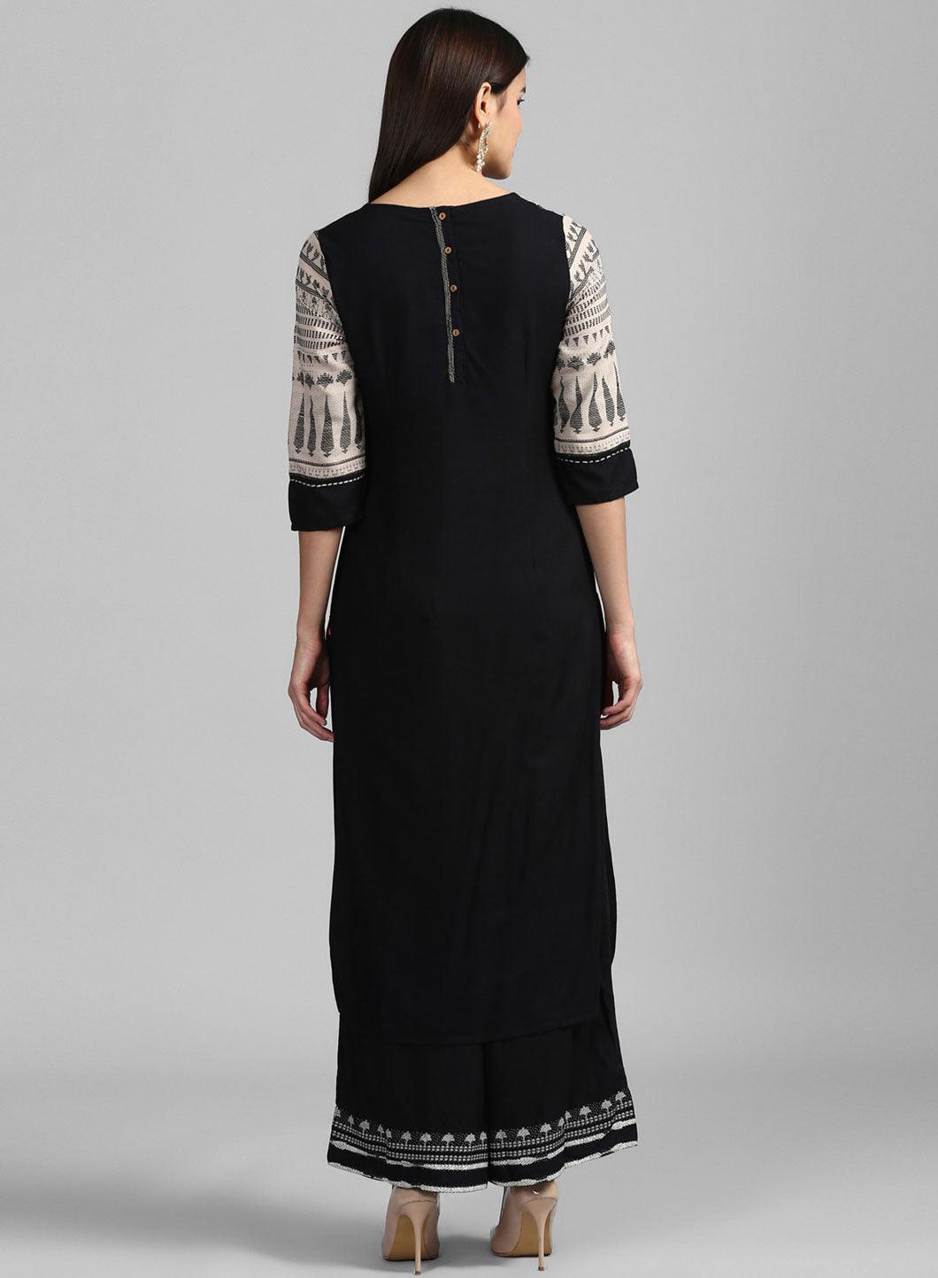 Beige & Black Round Neck Dobby kurta - wforwoman