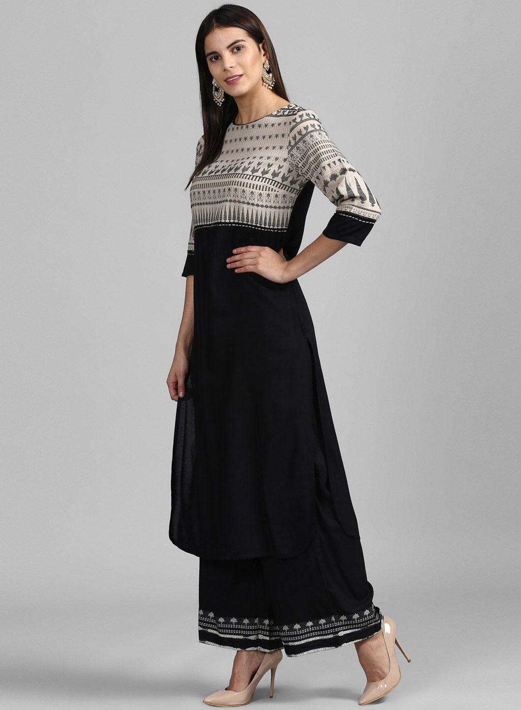 Beige & Black Round Neck Dobby kurta - wforwoman