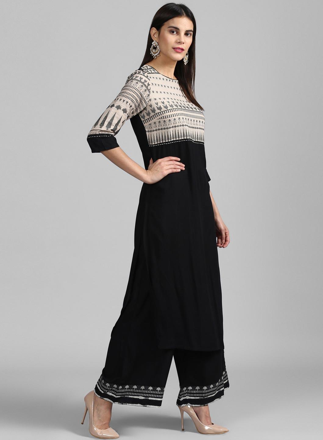 Beige & Black Round Neck Dobby kurta - wforwoman