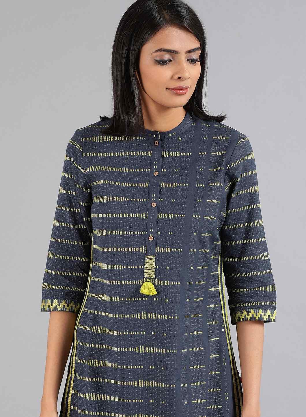 Blue Mandarin Neck Dobby kurta - wforwoman