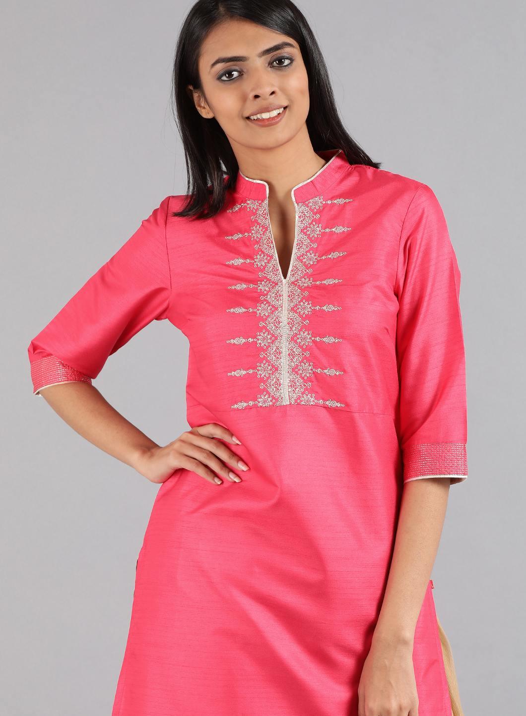 Pink Mandarin Neck Solid kurta - wforwoman