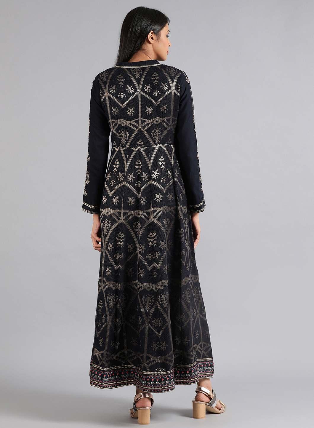 Blue Round Neck Dobby Gown - wforwoman