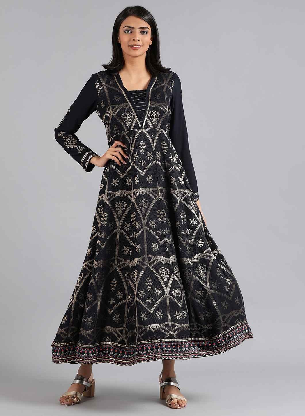 Blue Round Neck Dobby Gown - wforwoman