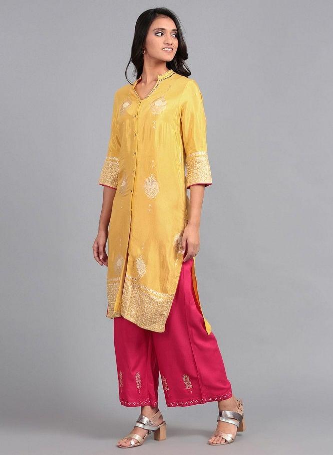 Yellow Mandarin Neck Printed kurta - wforwoman